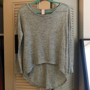 Sheer high/low sweater with faux leather elbows